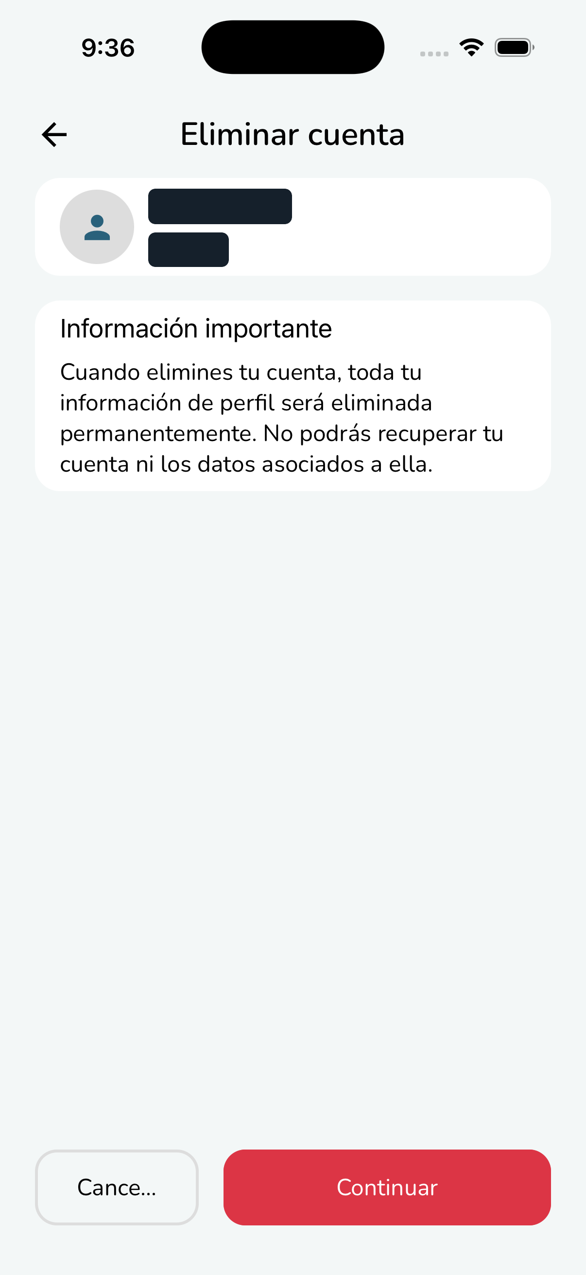 Pantalla Eliminar cuenta con la Información importante y el botón Continuar