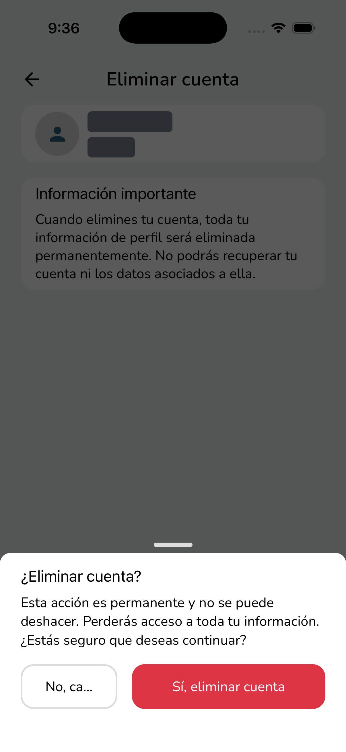 Aviso de confirmación ¿Eliminar cuenta? con el botón Sí, eliminar cuenta