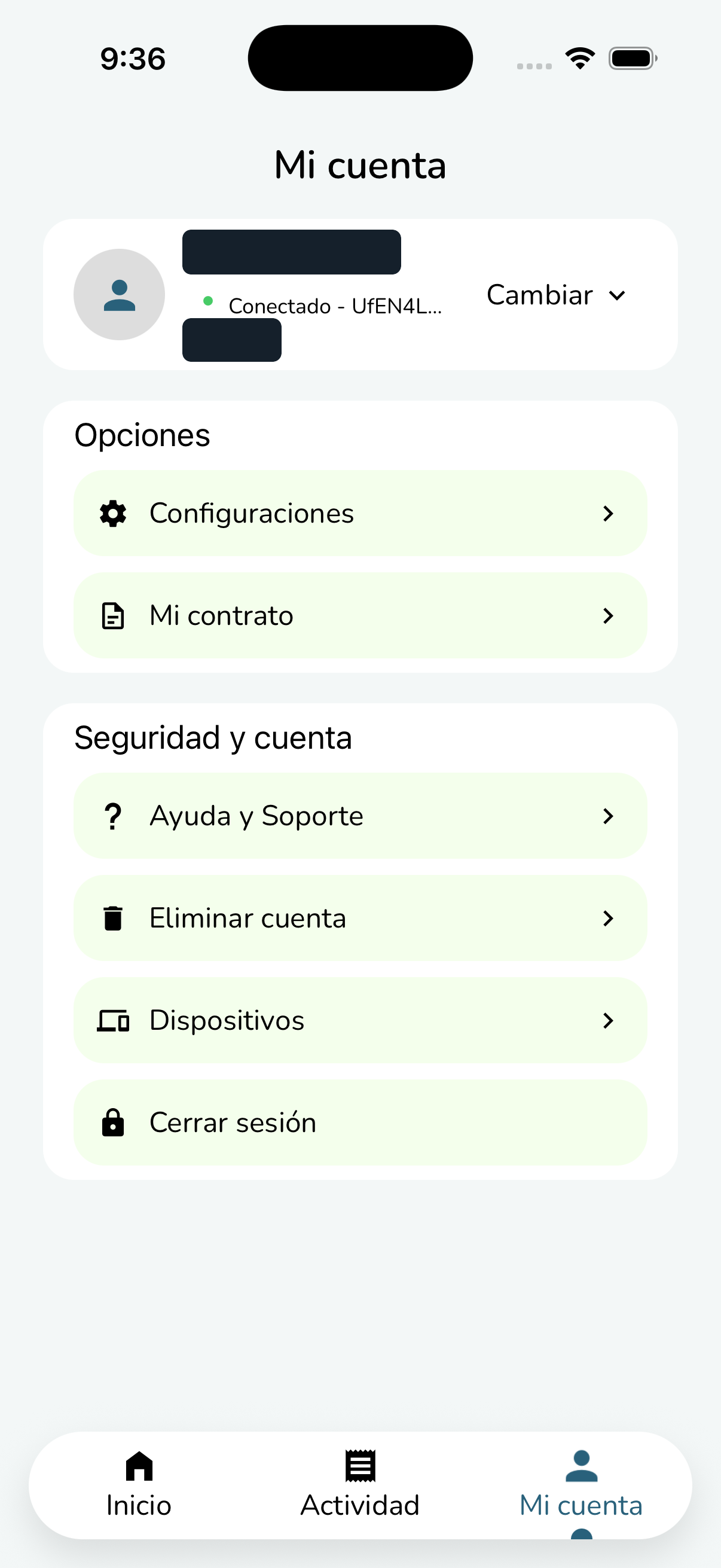 Pantalla Mi cuenta de Bubl para lavaderos con la opción Eliminar cuenta