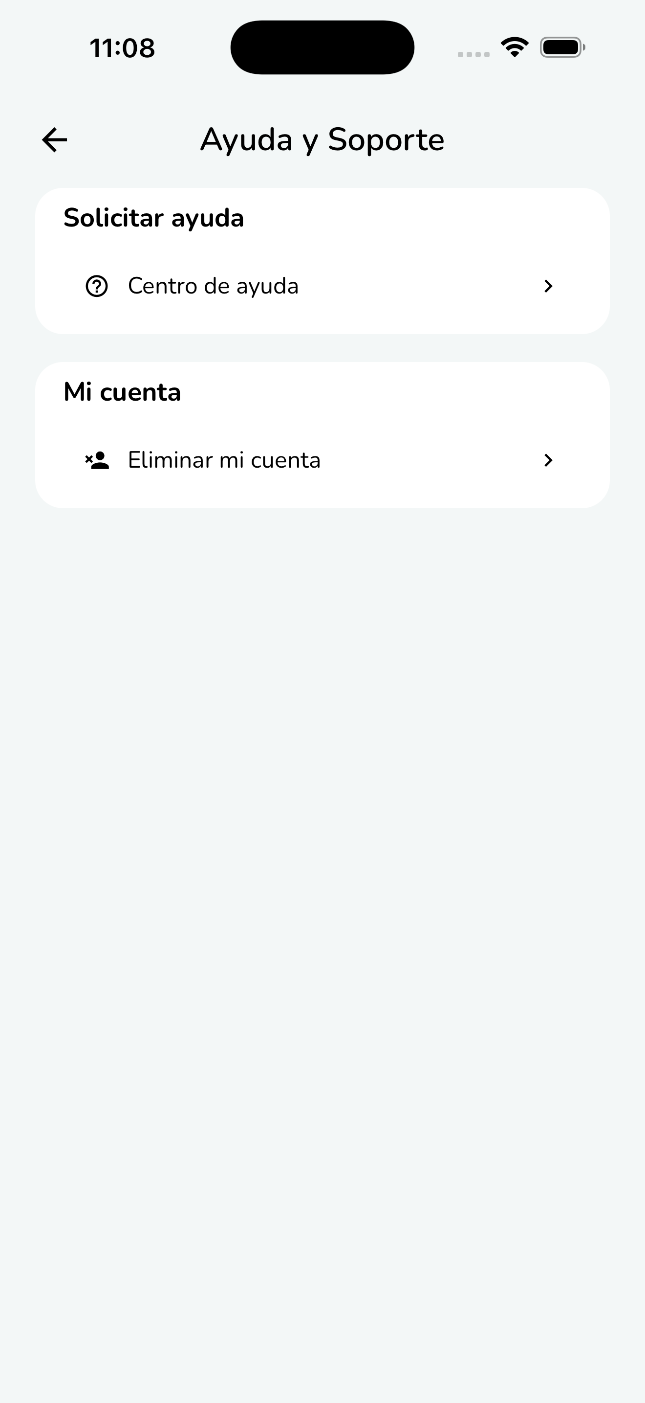Pantalla Ayuda y Soporte con la opción Eliminar mi cuenta