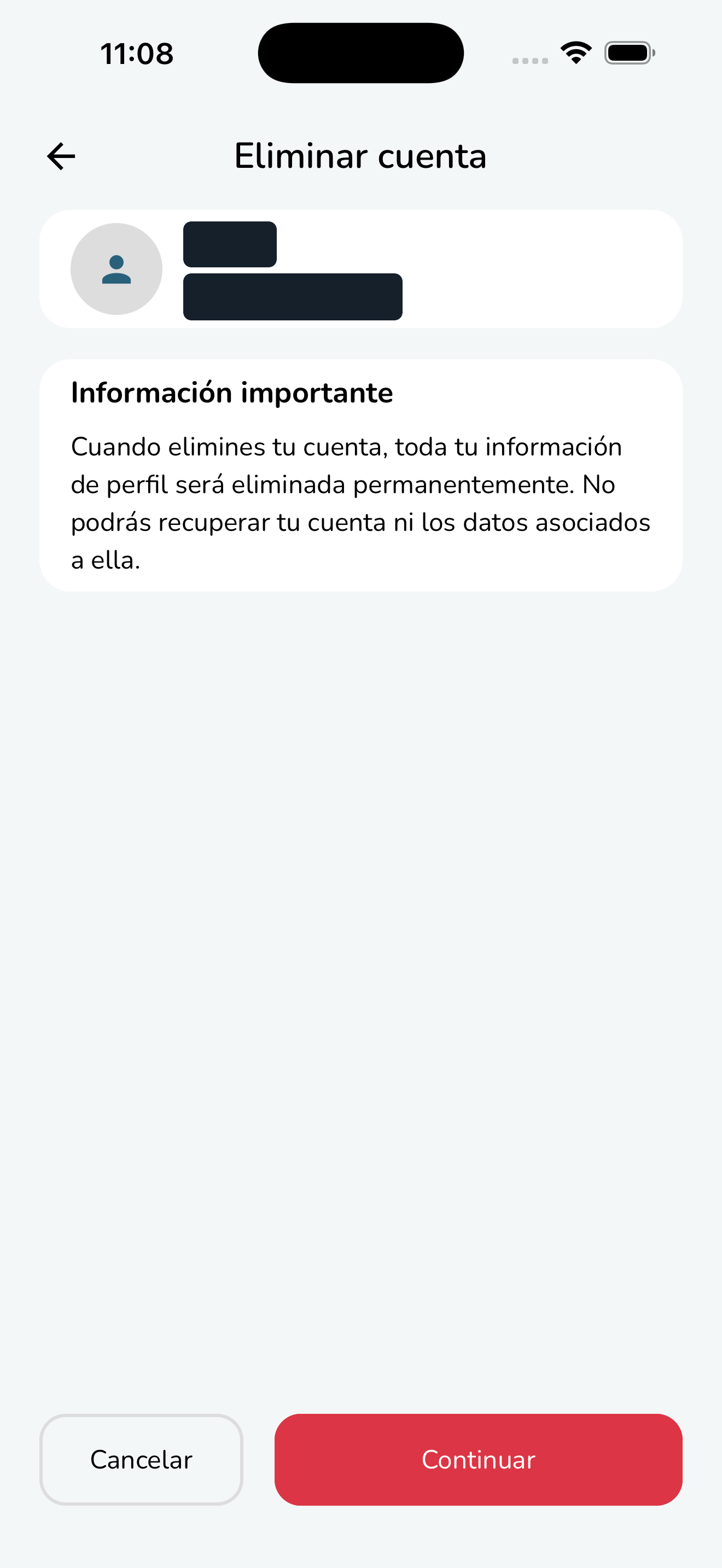 Pantalla Eliminar cuenta con la Información importante y el botón Continuar